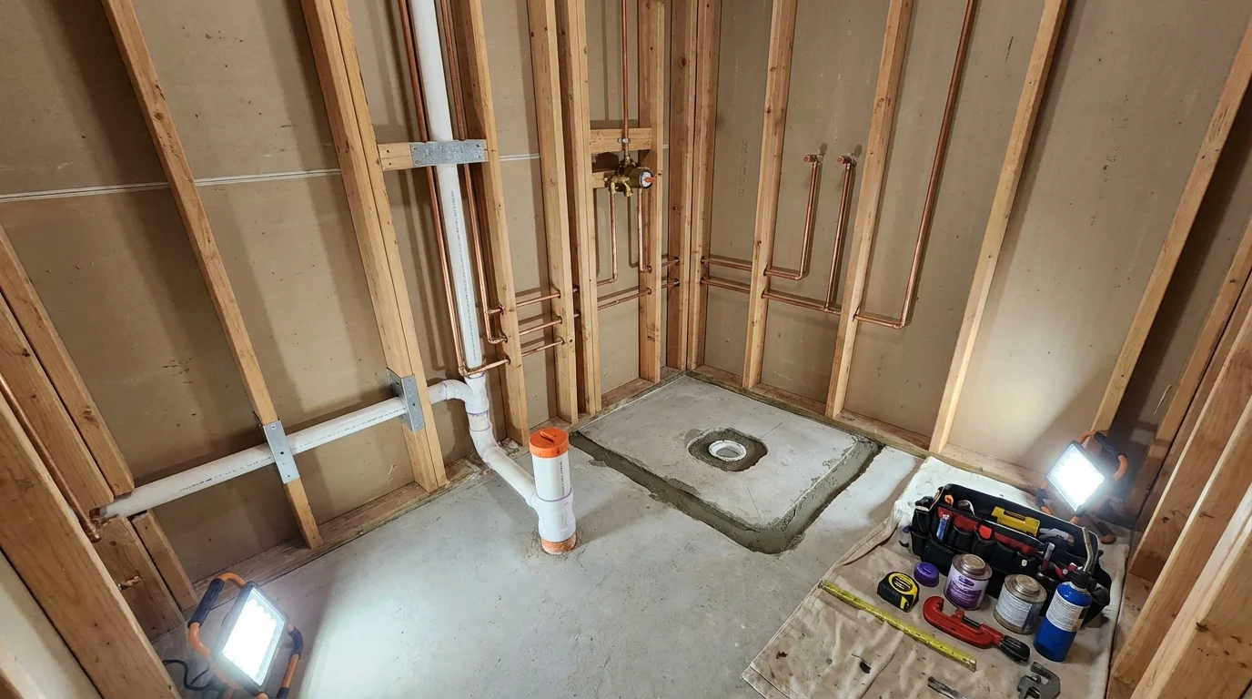 Bathroom rough-in plumbing during remodel by Johns Plumbing LLC in Columbus Junction