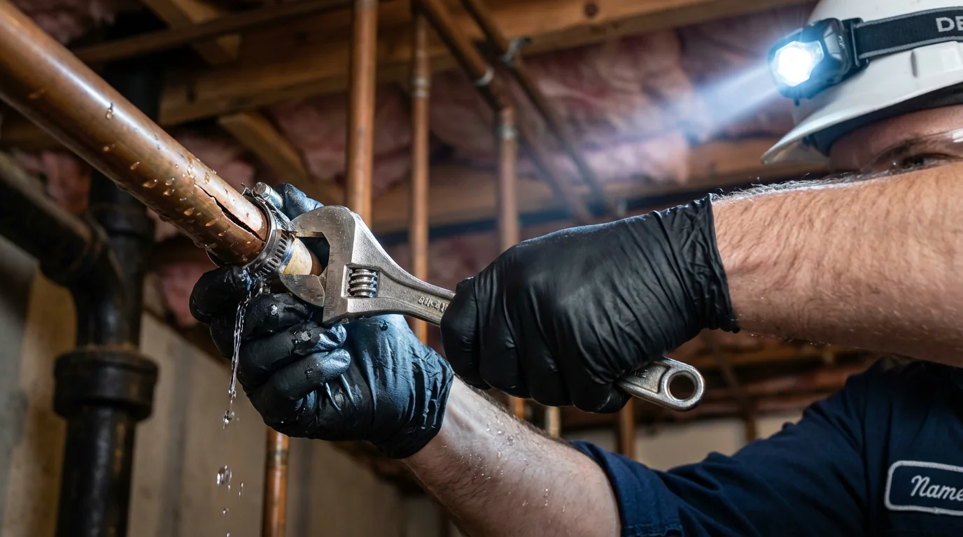 Emergency pipe clamp repair being performed by a Johns Plumbing LLC plumber in Columbus Junction