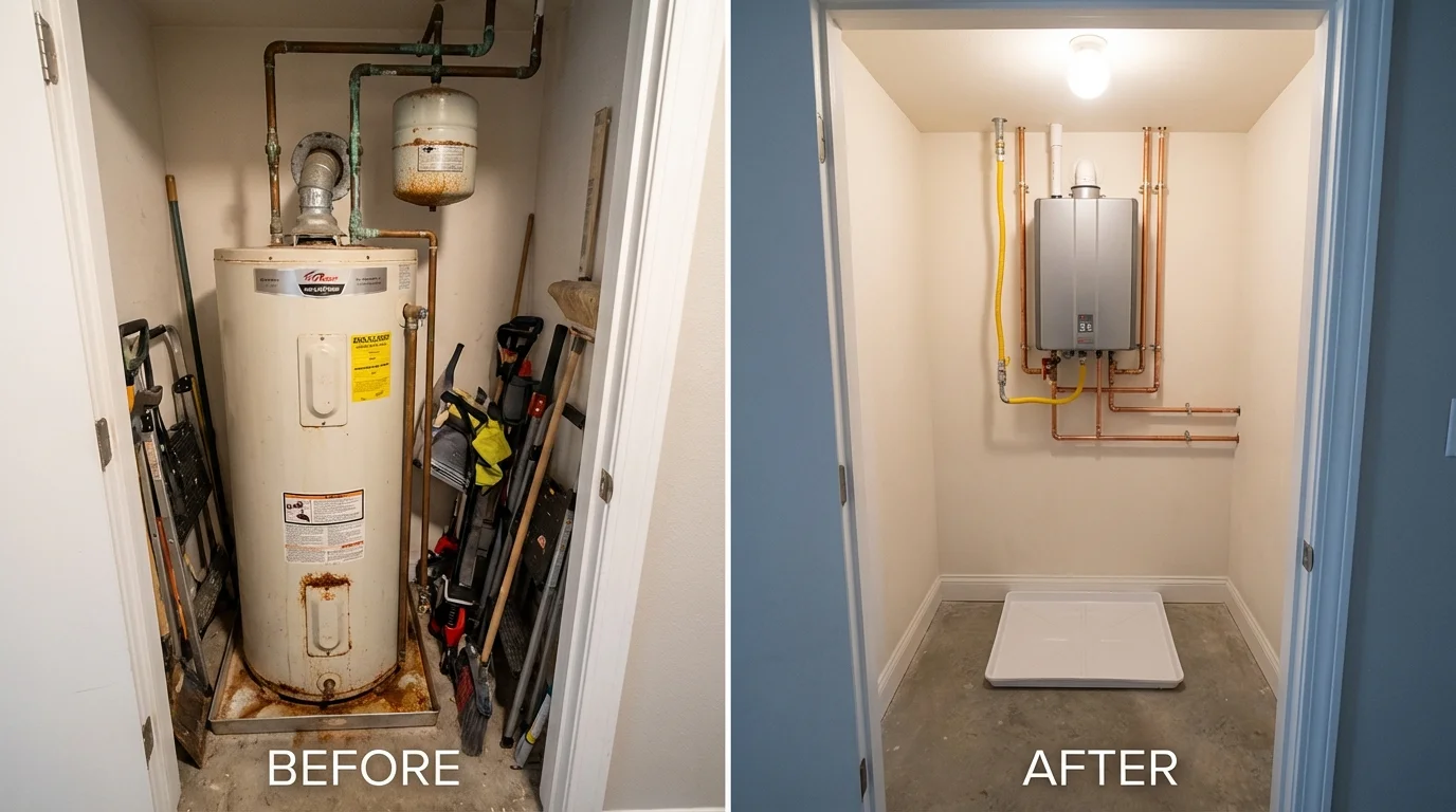 Tank water heater versus wall-mounted tankless unit comparison for Columbus Junction, IA homeowners