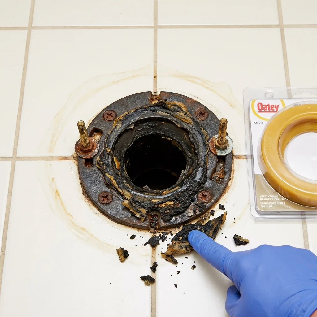 Failed wax ring showing water seepage at the base of a toilet in a Columbus Junction, IA home