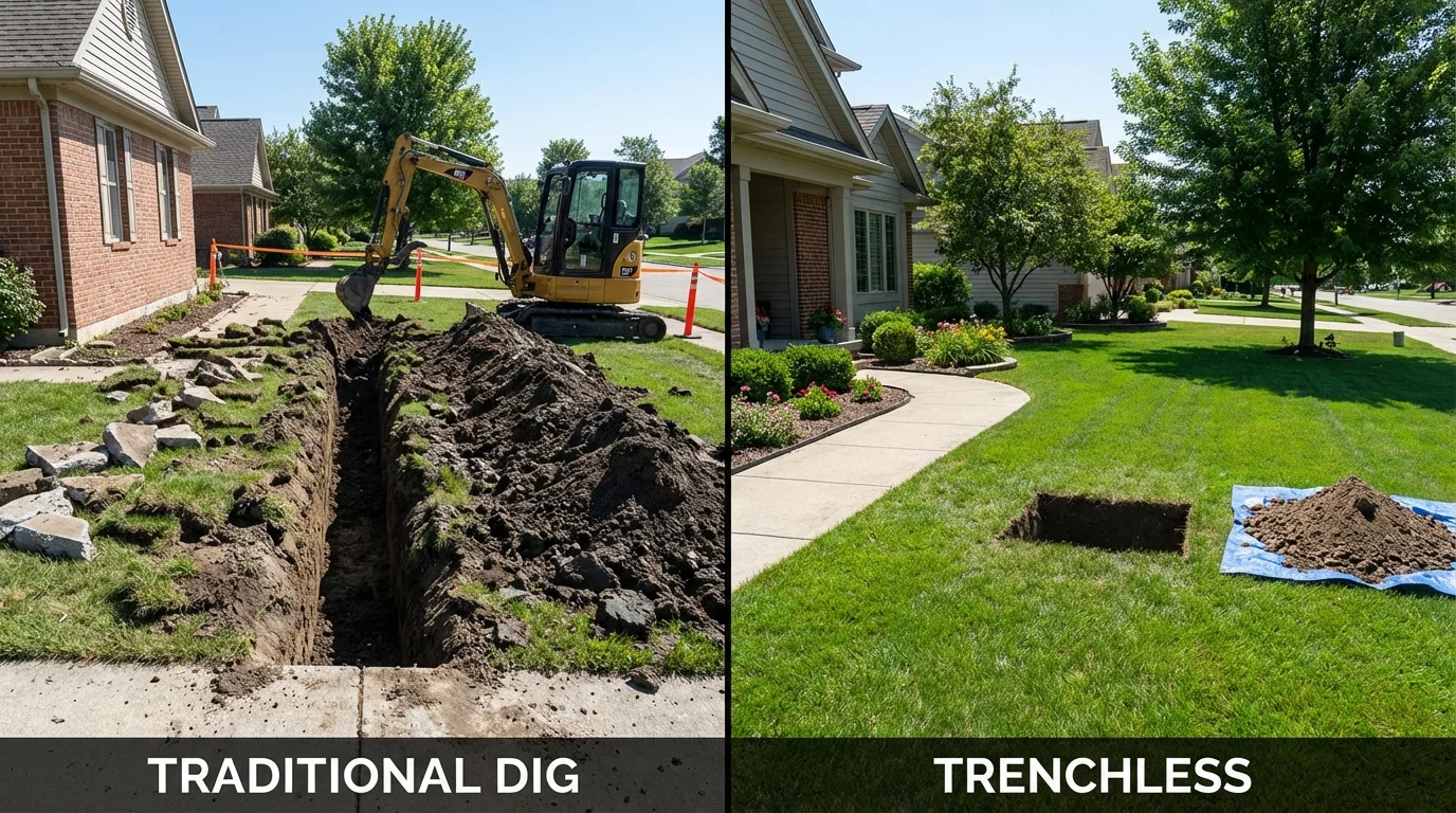 Trenchless sewer repair with minimal yard damage versus traditional excavation in Columbus Junction, IA