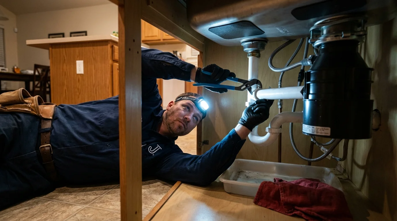 P-trap and supply line connections under a kitchen sink showing a common leak point in Columbus Junction, IA